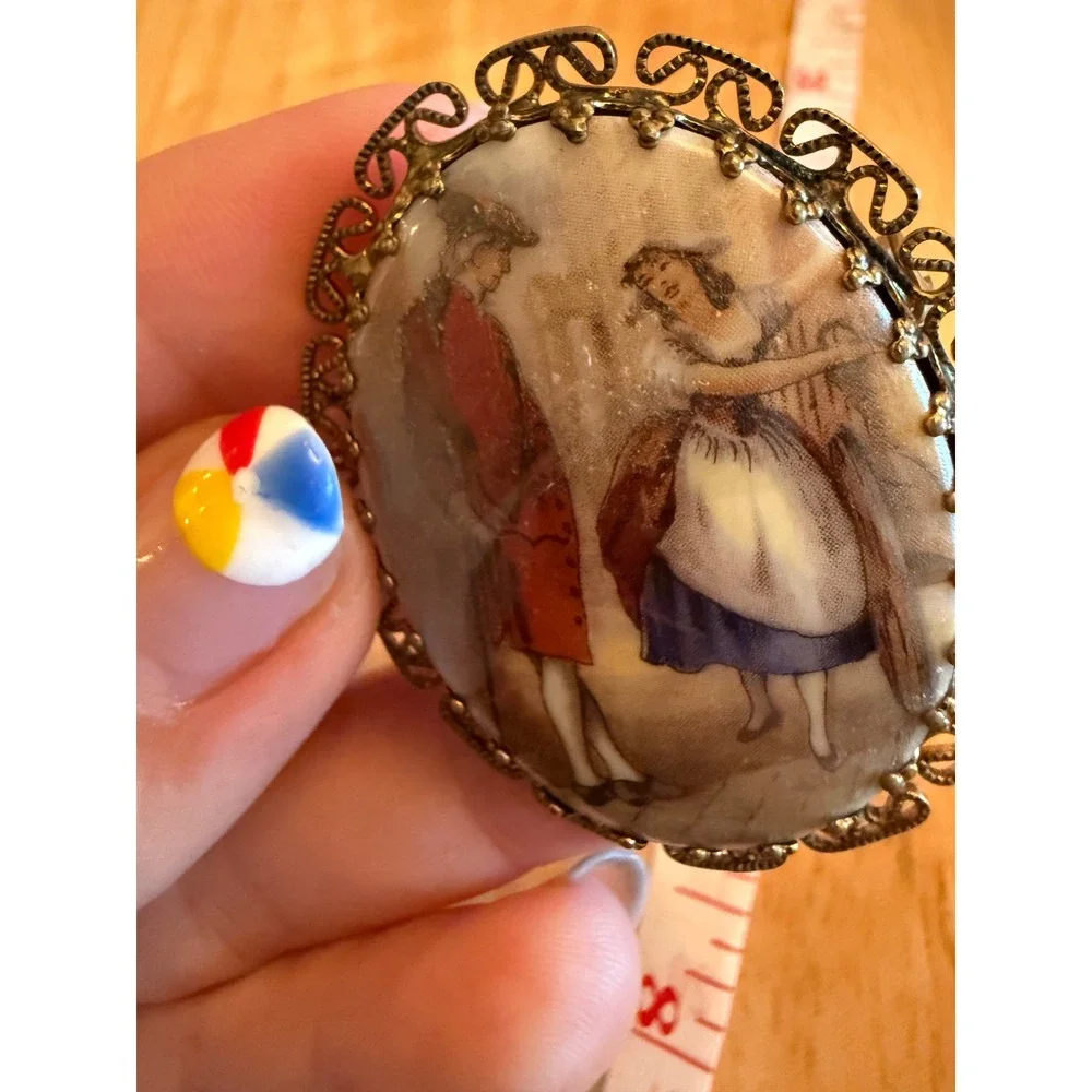 Vintage West Germany Fragonard Style Porcelain Transfer Filigree Brooch Pin